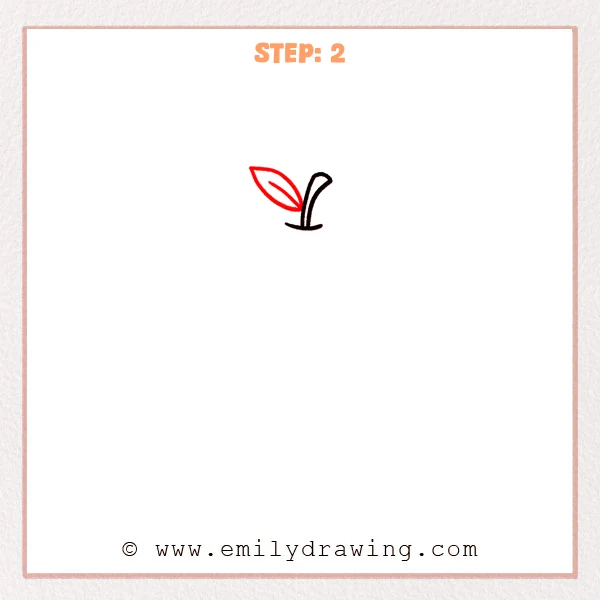 how to draw an apple - Step 2: A single leaf with a curved vein is added beside the apple stem.