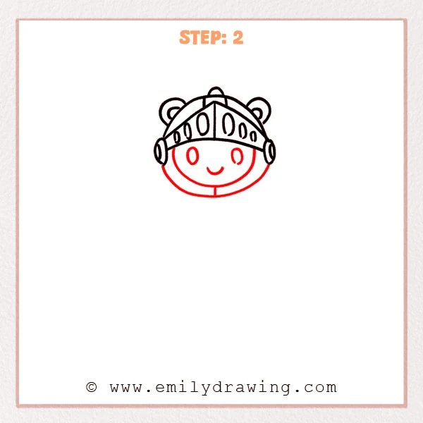 how to draw an armor - Step 2: A round face and inner helmet rim are added to the armor character.