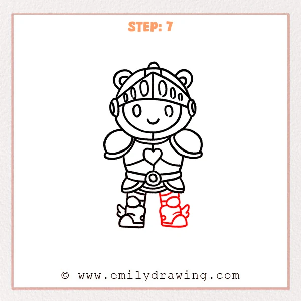 how to draw an armor - Step 7: The second leg, matching boot, and simple leg armor bands are added.