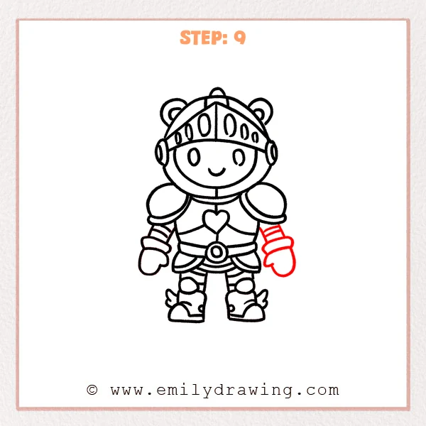 how to draw an armor - Step 9: The cute armor character is finalized with both arms and clean bold outlines.