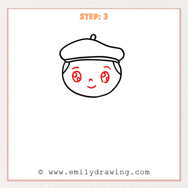 how to draw an artist - Step 3: Cute artist face gains big eyes with highlights, a tiny nose, and a gentle smile.