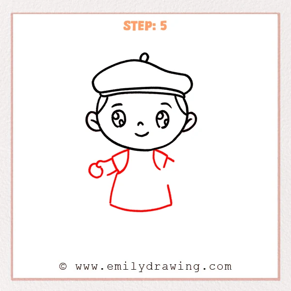 how to draw an artist - Step 5: Cute artist body appears with short sleeves and a simple apron shape with straps.