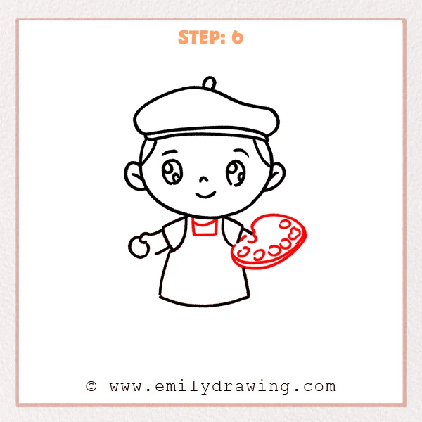 how to draw an artist - Step 6: Cute artist adds a tilted paint palette with small paint wells on the right side.