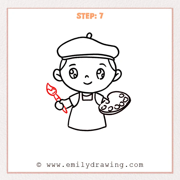 how to draw an artist - Step 7: Cute artist adds a paintbrush in the left hand with a simple bristle tip.