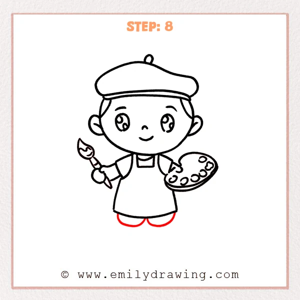how to draw an artist - Step 8: Cute artist adds short rounded legs with small cuff lines beneath the apron.
