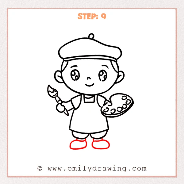 how to draw an artist - Step 9: Finished cute artist drawing with beret, apron, palette, brush, legs, and rounded shoes.