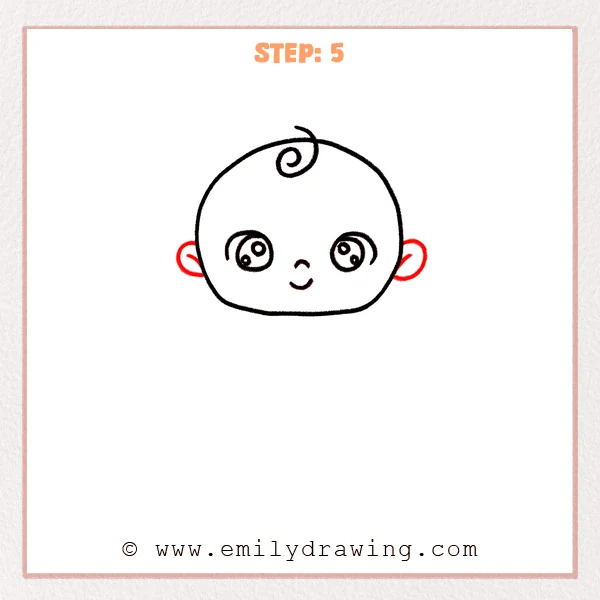 how to draw a baby - Step 5: Baby head with two rounded ears added and simple inner ear lines.