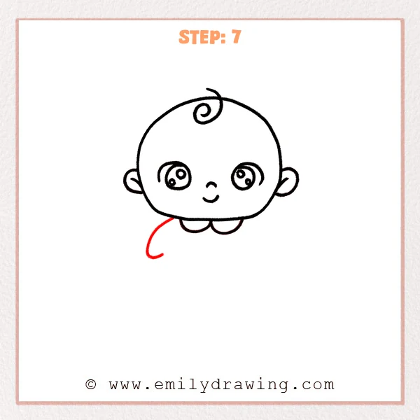 how to draw a baby - Step 7: Baby drawing with a short curved left arm and rounded hand added.