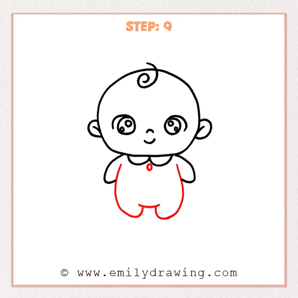how to draw a baby - Step 9: Finished baby drawing with a round body, two legs, and a small chest button.