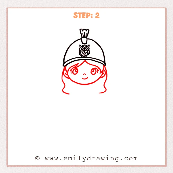 how to draw an athena - Step 2: Athena face under the helmet with big eyes and wavy hair.