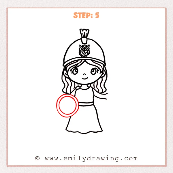 how to draw an athena - Step 5: Athena holds a round shield with an inner border and hand connection.