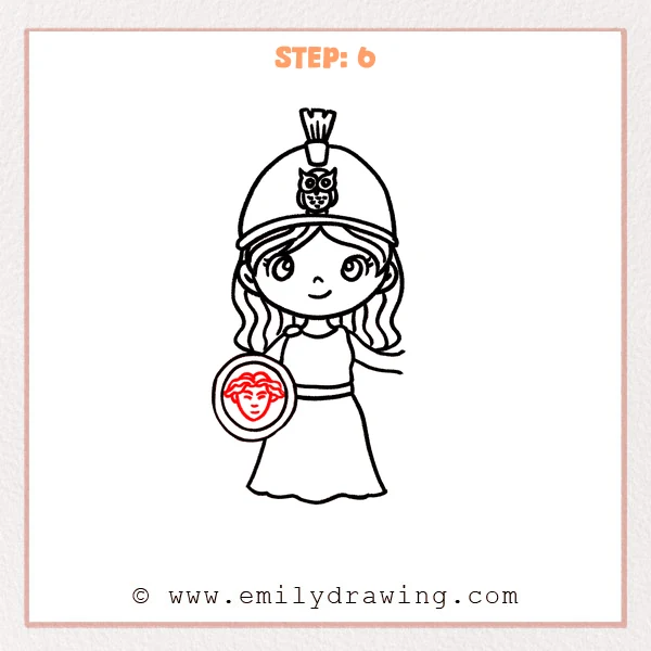 how to draw an athena - Step 6: Shield emblem added inside the circle with a simple face design.