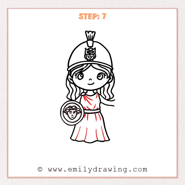how to draw an athena - Step 7: Athena outfit refined with gentle folds, a belt, and skirt drape lines.