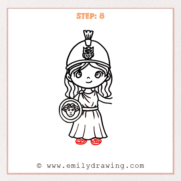 how to draw an athena - Step 8: Athena feet and sandals appear beneath the dress with simple straps.
