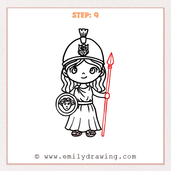 how to draw an athena - Step 9: Athena holds a tall spear with a clear spearhead and completed hand.