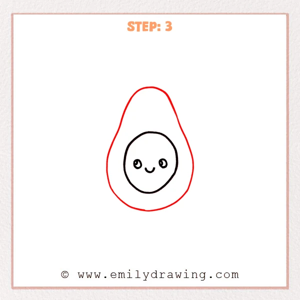 how to draw an avocado - Step 3: A full avocado outline is added around the pit area, forming a pear shape.