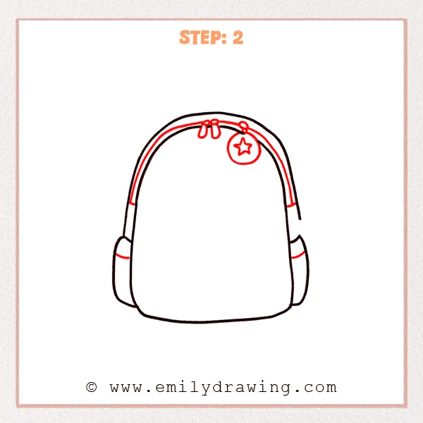 how to draw a backpack - Step 2: Backpack gains a curved top zipper with pulls and a round star charm.