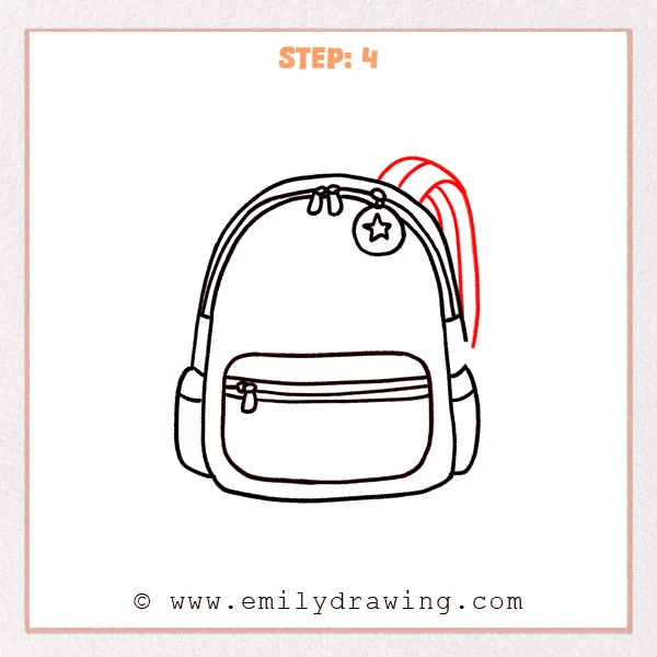 how to draw a backpack - Step 4: A right backpack strap is added behind the bag with double lines for thickness.