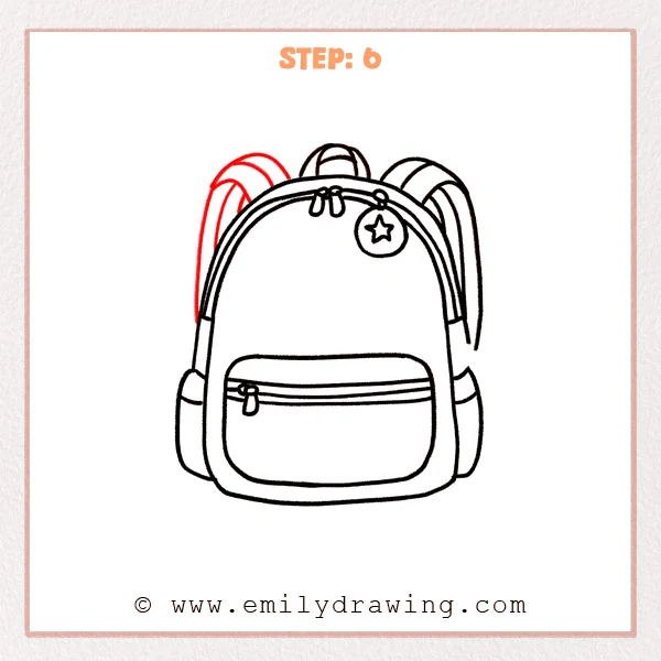 how to draw a backpack - Step 6: A left backpack strap is added behind the bag to match the right strap.