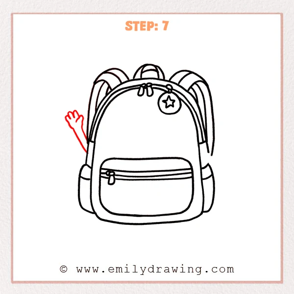 how to draw a backpack - Step 7: A left waving arm and hand are added to the side of the backpack.
