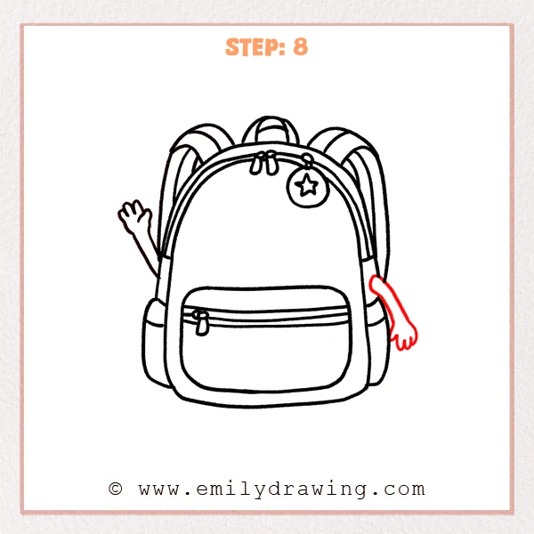 how to draw a backpack - Step 8: A right arm and rounded hand are added to the backpack character.