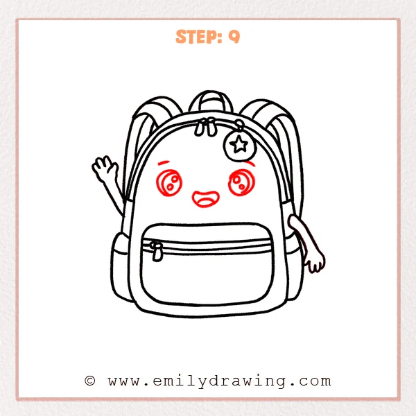 how to draw a backpack - Step 9: A cute backpack face is added with big eyes, highlights, and a small open mouth.