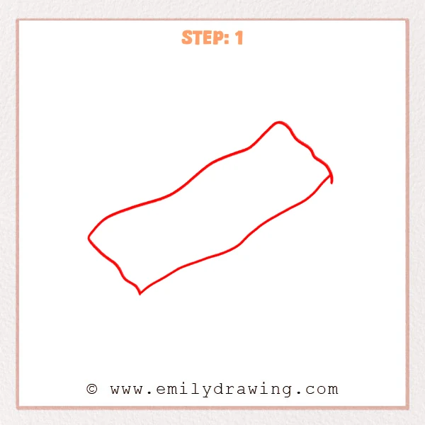 how to draw a bacon - Step 1: A simple wavy outline of a bacon slice, angled slightly.