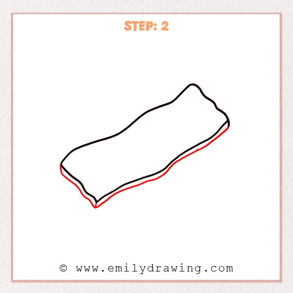 how to draw a bacon - Step 2: The bacon slice gains a second lower edge line to show thickness.
