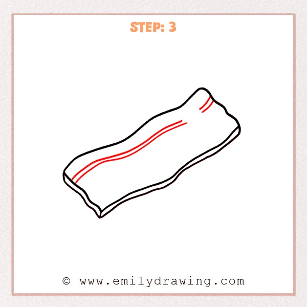 how to draw a bacon - Step 3: A wavy inner strip line is added to suggest the first bacon layer.