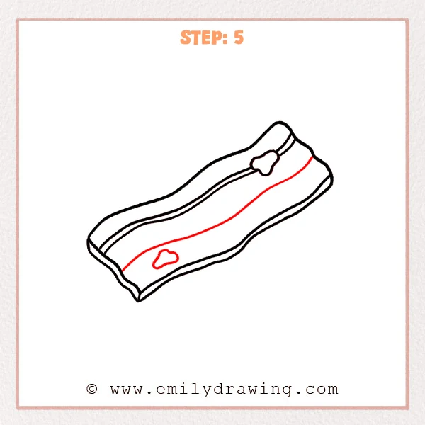 how to draw a bacon - Step 5: A second wavy bacon layer line is added, along with one small rounded texture blob.