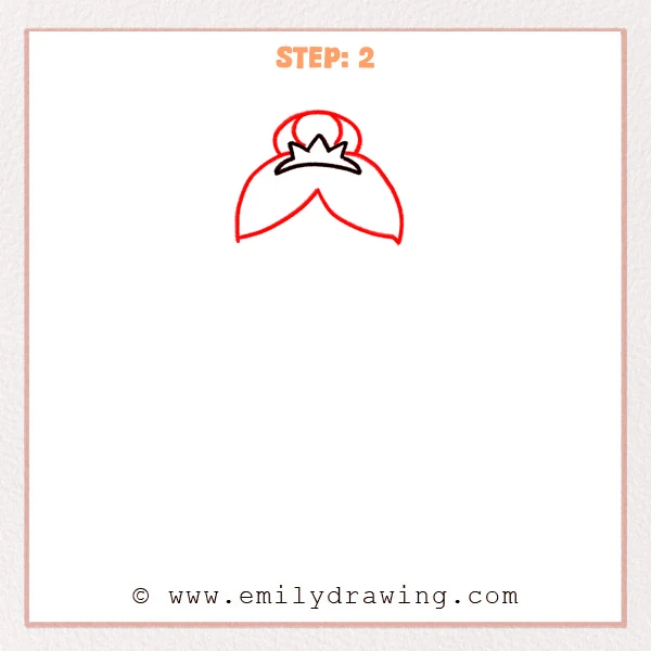 how to draw a ballerina - Step 2: Curved hair shape is added under the crown, forming the ballerina’s hairstyle.