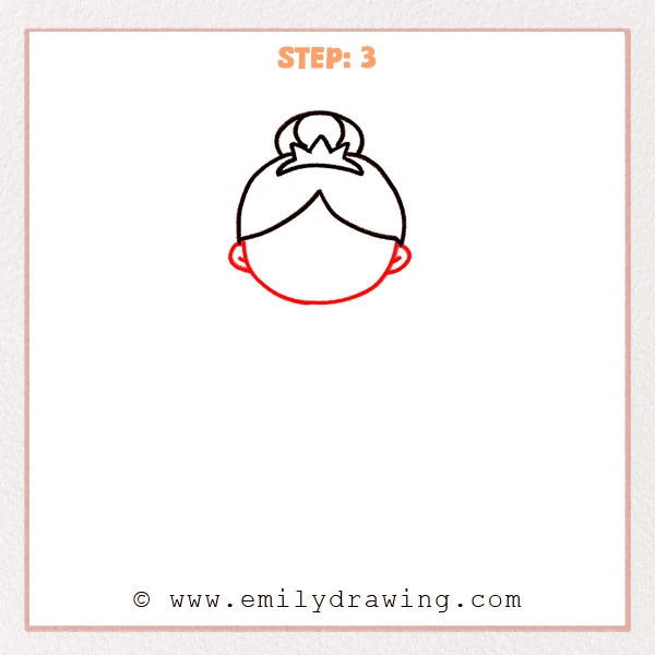 how to draw a ballerina - Step 3: A rounded face and small ears are added beneath the hair for the ballerina’s head.