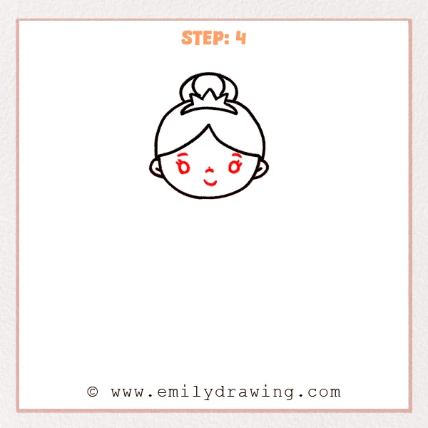 how to draw a ballerina - Step 4: Eyes, eyebrows, nose, and a small smile appear on the ballerina’s face.