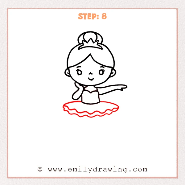 how to draw a ballerina - Step 8: A wide tutu skirt with soft, wavy ruffles is added under the ballerina’s bodice.