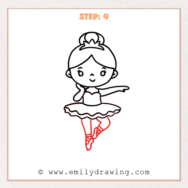 how to draw a ballerina - Step 9: Two legs and pointed ballet shoes are drawn, completing the ballerina’s full body pose.