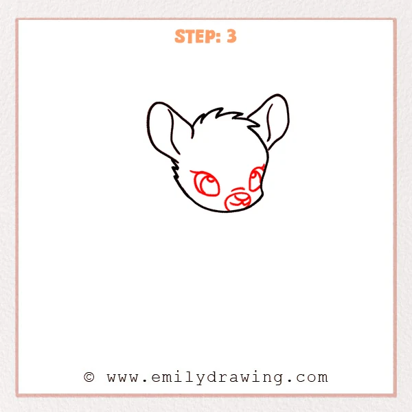 how to draw a bambi - Step 3: Bambi face with large eyes, a small oval nose, and a simple smiling mouth.