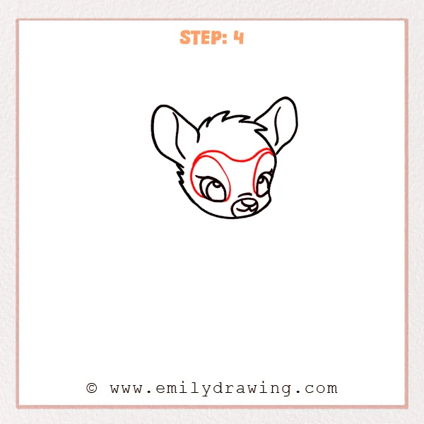 how to draw a bambi - Step 4: Bambi head refined with face markings and clearer eye details for depth.