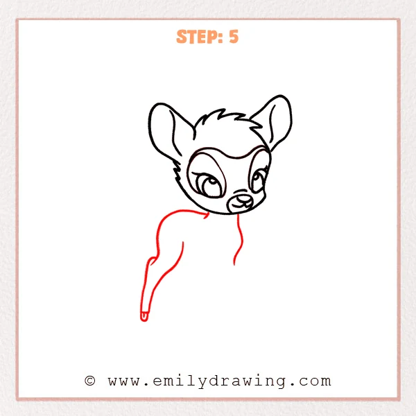 how to draw a bambi - Step 5: Bambi head connected to a smooth back outline, with one hind leg added.