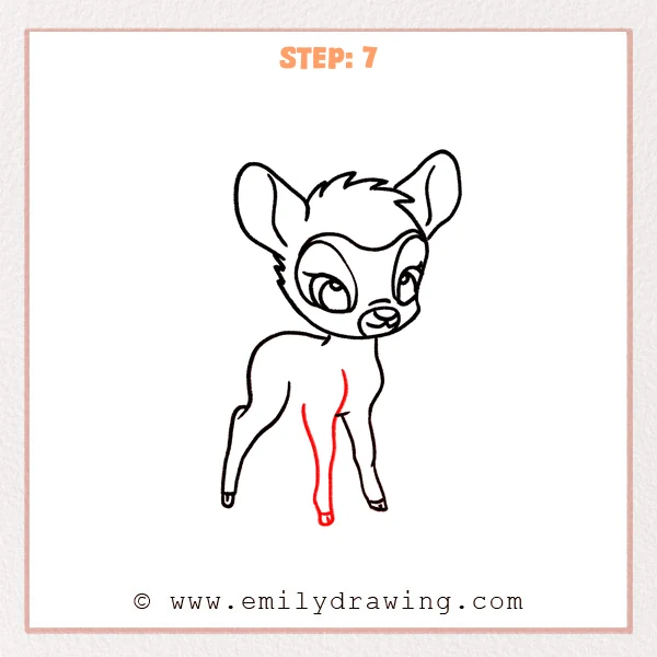 how to draw a bambi - Step 7: Second front leg added with a matching hoof to complete Bambi’s front stance.