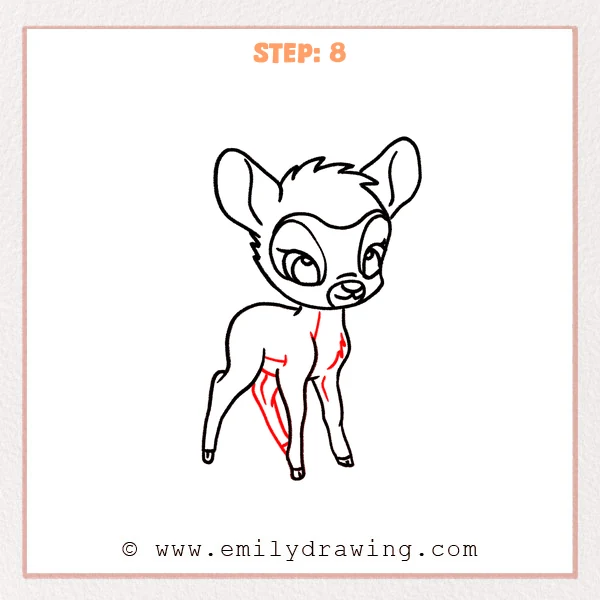 how to draw a bambi - Step 8: Second hind leg added behind the first to create a layered standing pose.