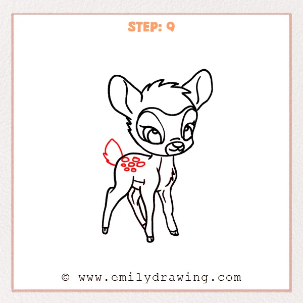 how to draw a bambi - Step 9: Finished Bambi drawing with a small tail, back spots, and clean final outline details.
