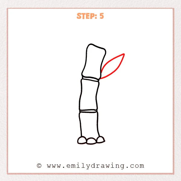 how to draw a bamboo - Step 5: One long bamboo leaf added on the right side, attached near the upper joint.