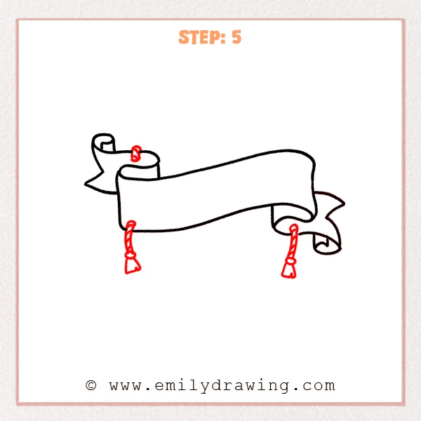 how to draw a banner - Step 5: Two hanging cords with twisted stripes and small tassels are added under the banner.