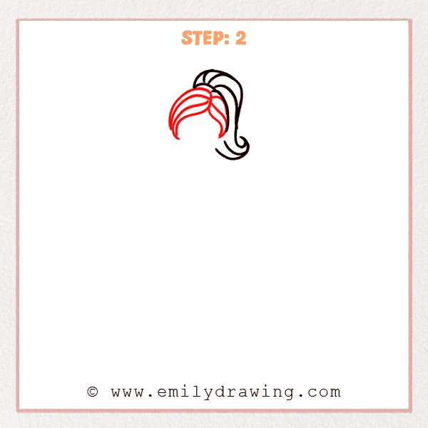 how to draw a barbie - Step 2: Barbie hair gains bangs and section lines that show layered strands.