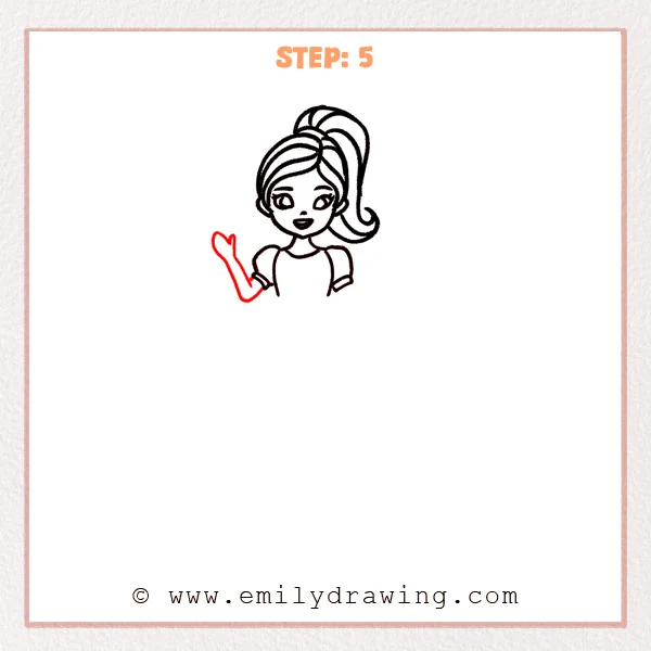 how to draw a barbie - Step 5: Barbie’s left arm is added in a waving pose with a simple hand shape.