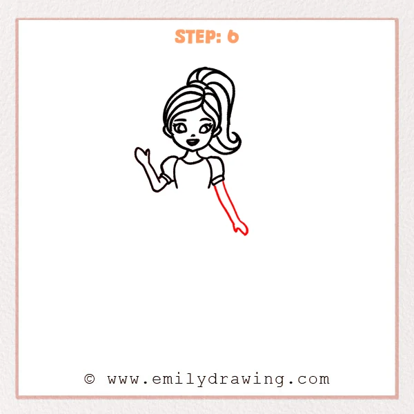 how to draw a barbie - Step 6: Barbie’s right arm is drawn long and relaxed with a small hand.