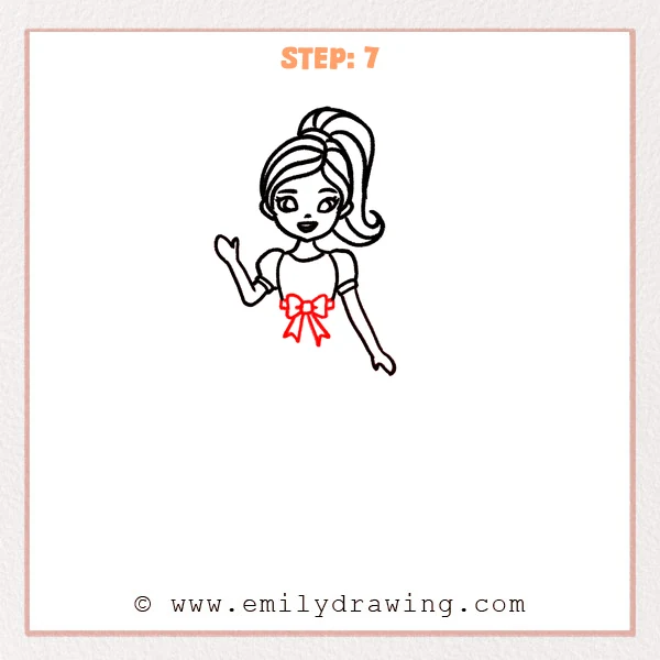 how to draw a barbie - Step 7: A centered bow with two loops and ribbon tails is added to Barbie’s waist.