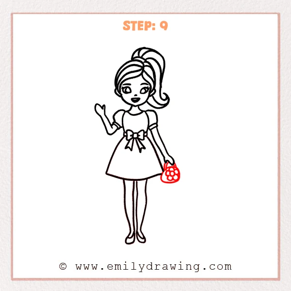 how to draw a barbie - Step 9: A small Barbie handbag is added with a simple flower decoration.