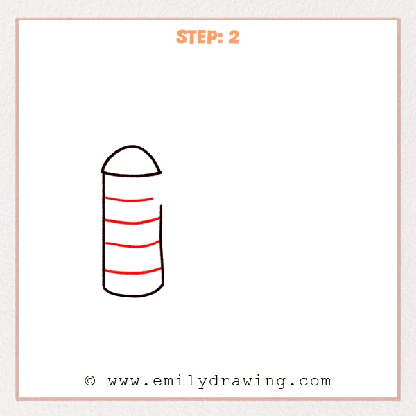 how to draw a barn - Step 2: The barn silo gains evenly spaced curved bands around the cylinder.