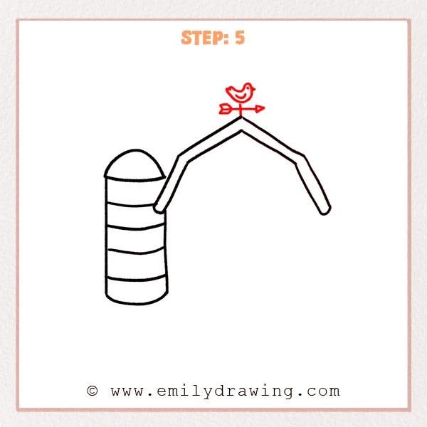 how to draw a barn - Step 5: A simple weathervane with a small bird is added to the top of the barn roof.
